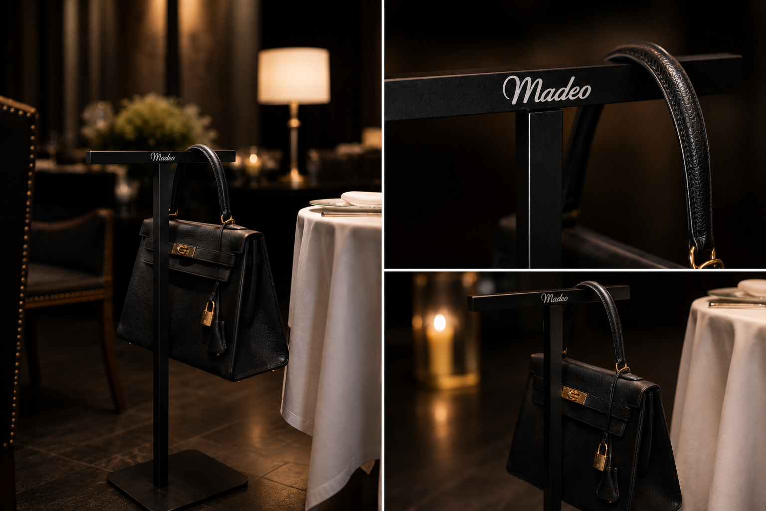 A satin-black Luxestands handbag stand beside a candlelit dining table, its top bar engraved with the Madeo wordmark and holding a black leather top-handle bag.